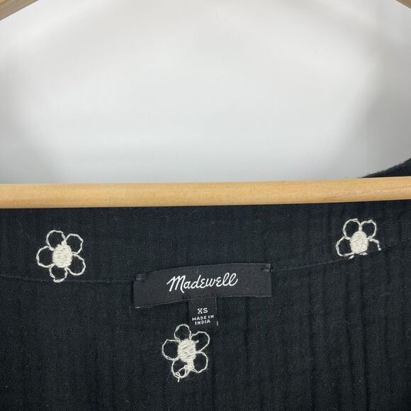 Madewell Dress Size XS Black Daisy Embroidered Lightspun Gauze Midi Square Neck - Picture 3 of 9
